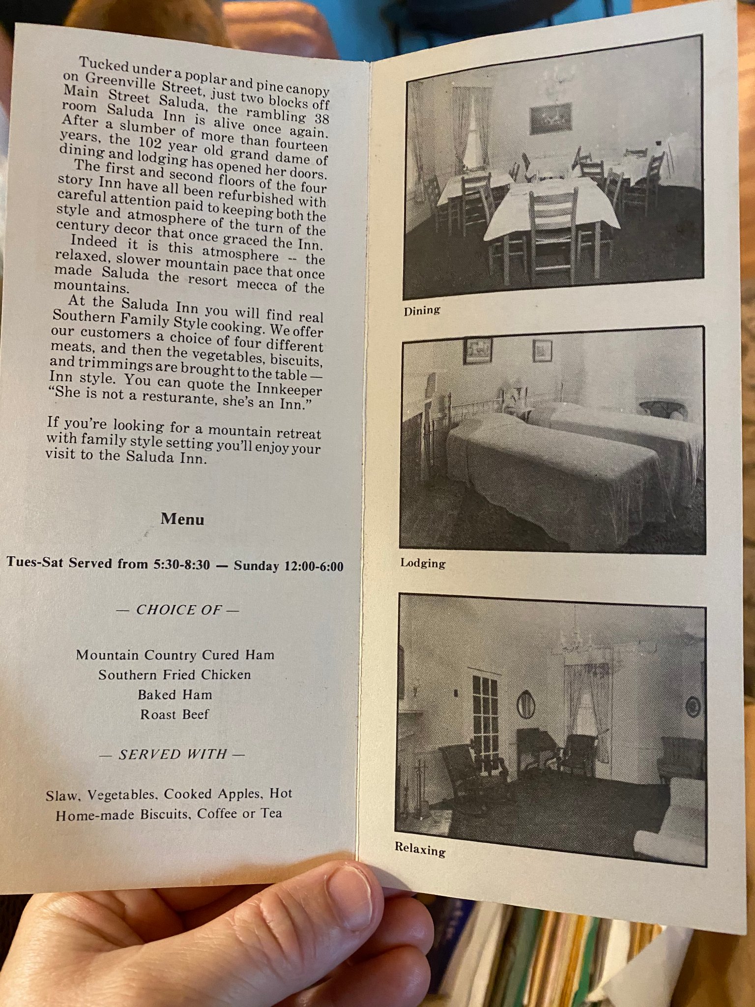 Saluda Inn Brochure — Dining, Lodging & Relaxing