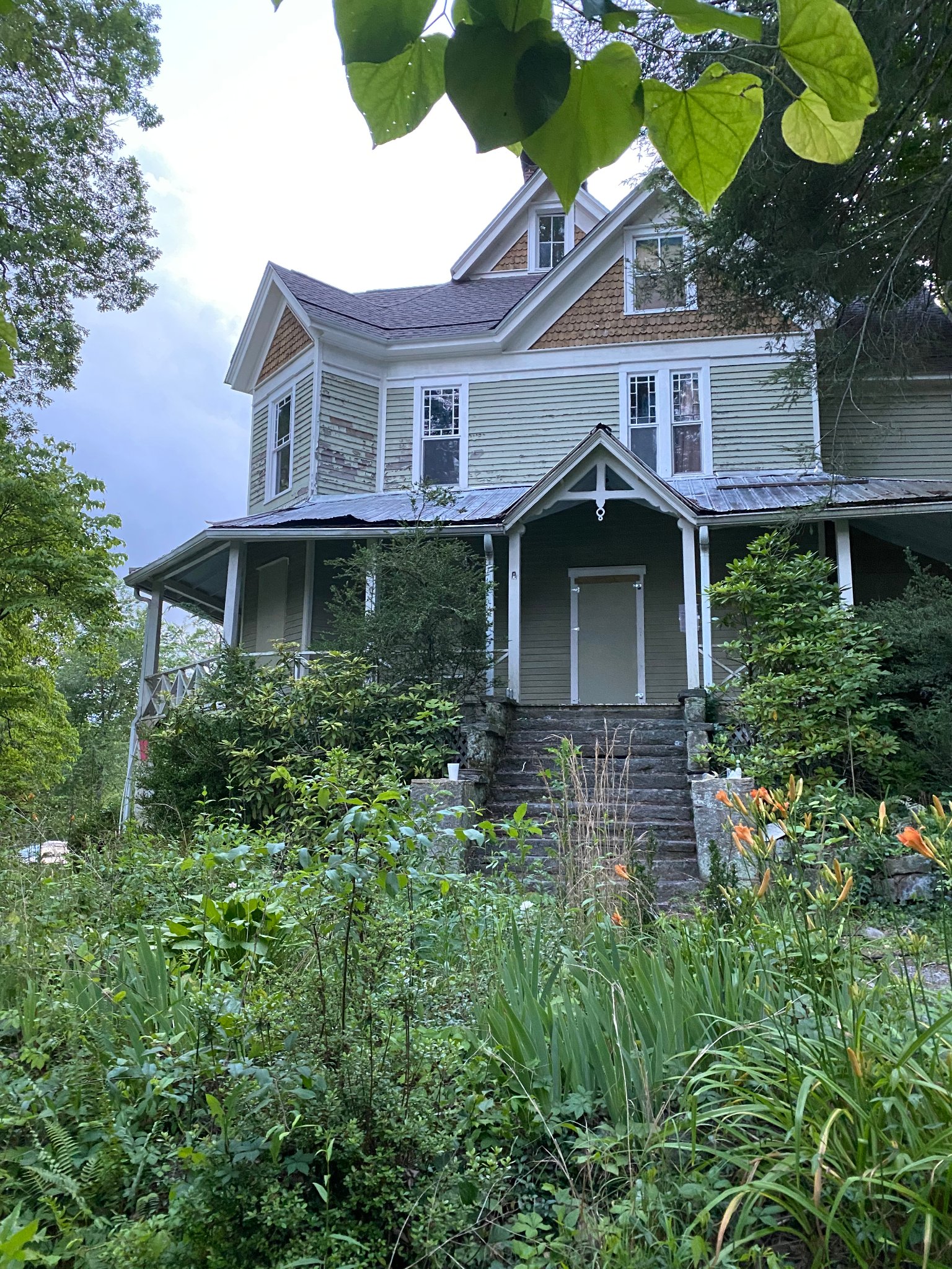 Front entrance — overgrown & neglected