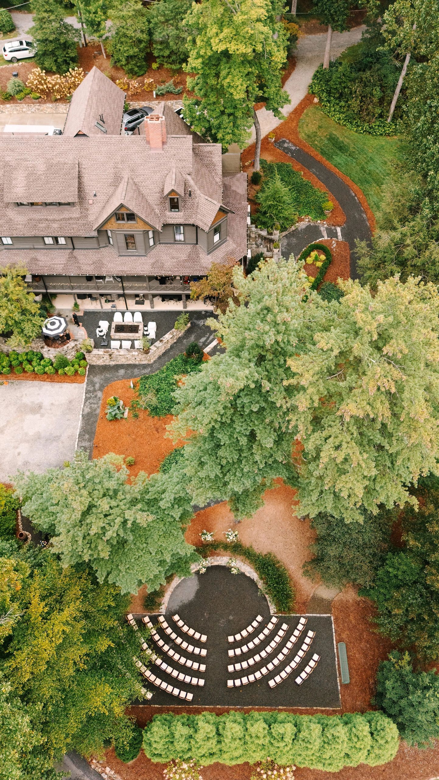 Aerial view of The Saluda Inn Grand Lawn Terrace — outdoor wedding venue WNC